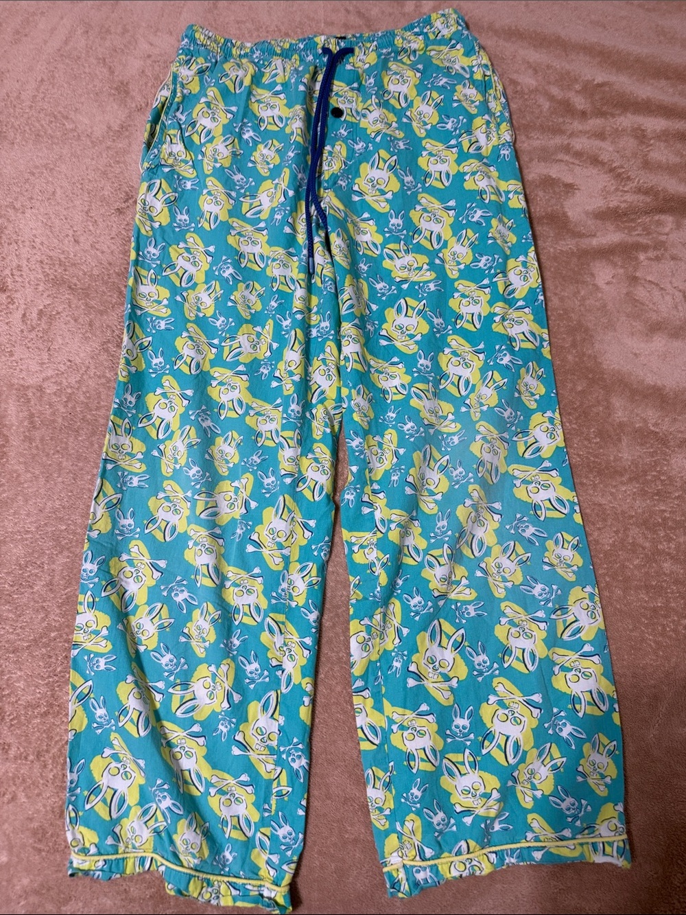 Psycho Bunny Men's Small Pajama Pants Blue Yellow Skull AOP Lounge Sleepwear